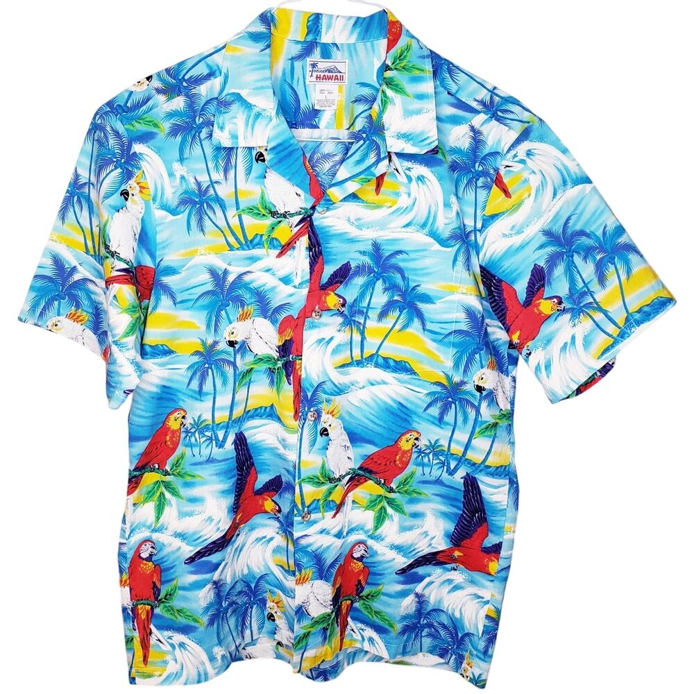 HAWAII Colorful Parrot Hawaiian S/S Shirt Button Up Men's Size Large *Minor Flaw